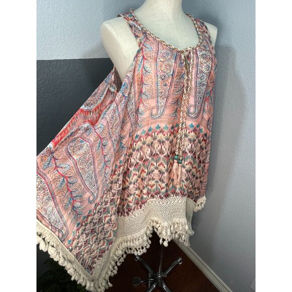 Casting Other - Casting Paris Tunic Top Large Pink Paisley Crochet Fringe L Coverup